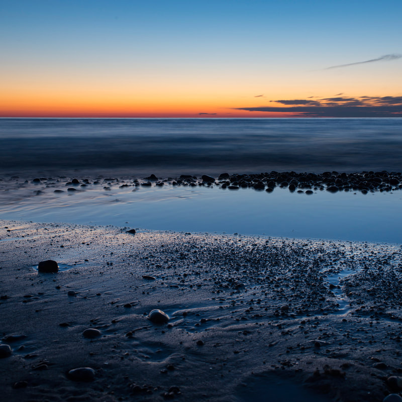 Lake Michigan shoreline at dusk