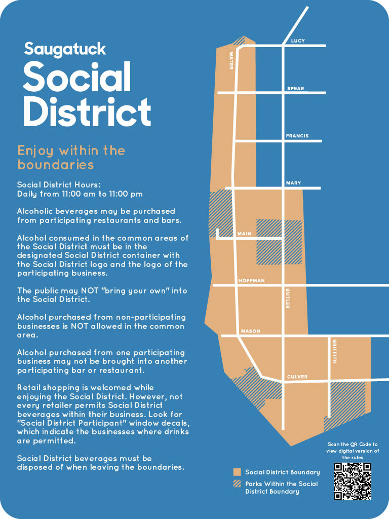 Saugatuck Social District sign with the commons area map and rules