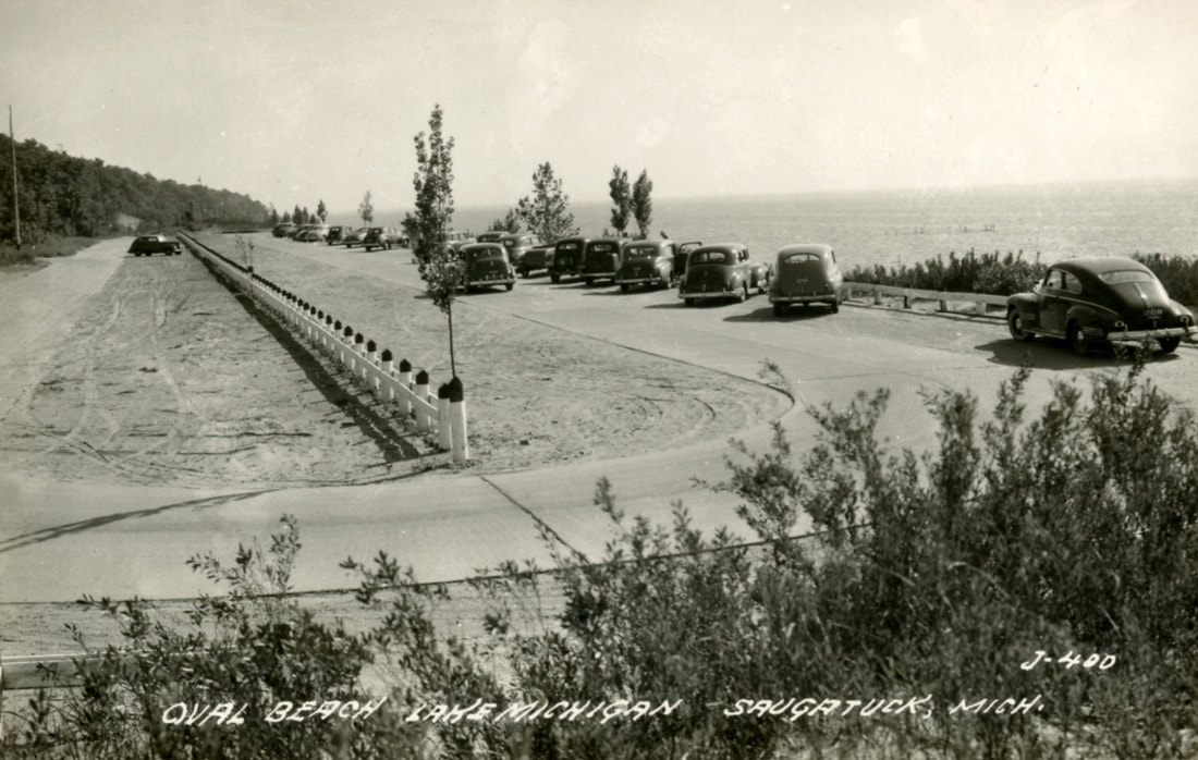 Black and white photo of Oval Beach parking around 1939