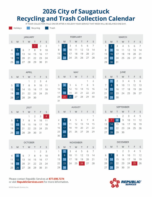 2026 Republic Services recycling and trash collection calendar for Saugatuck
