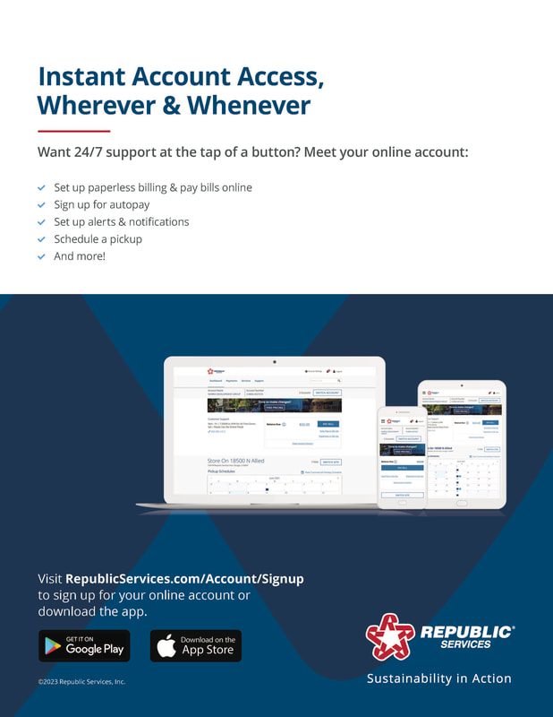 Republic Services app one-sheet explaining pickup reminders and service requests