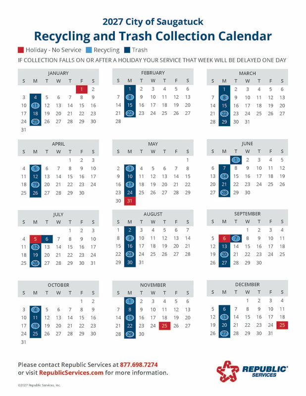 2027 Republic Services recycling and trash collection calendar for Saugatuck