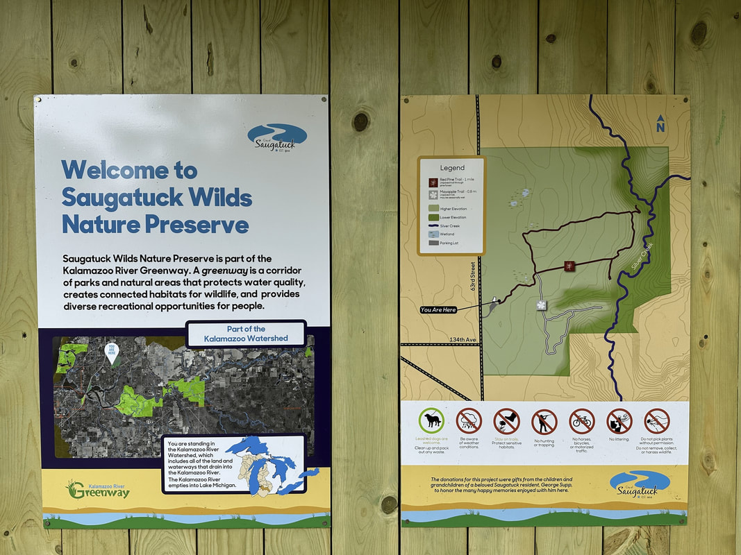 Welcome sign and trail map at Saugatuck Wilds Nature Preserve
