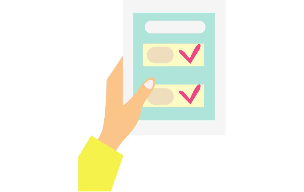 Illustration of a hand holding a checked application